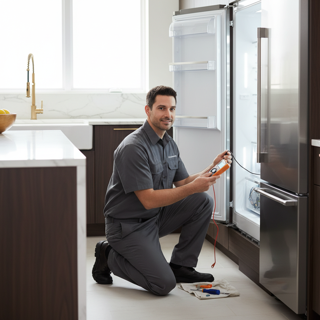 Professional appliance repair technician inspecting a built-in refrigerator